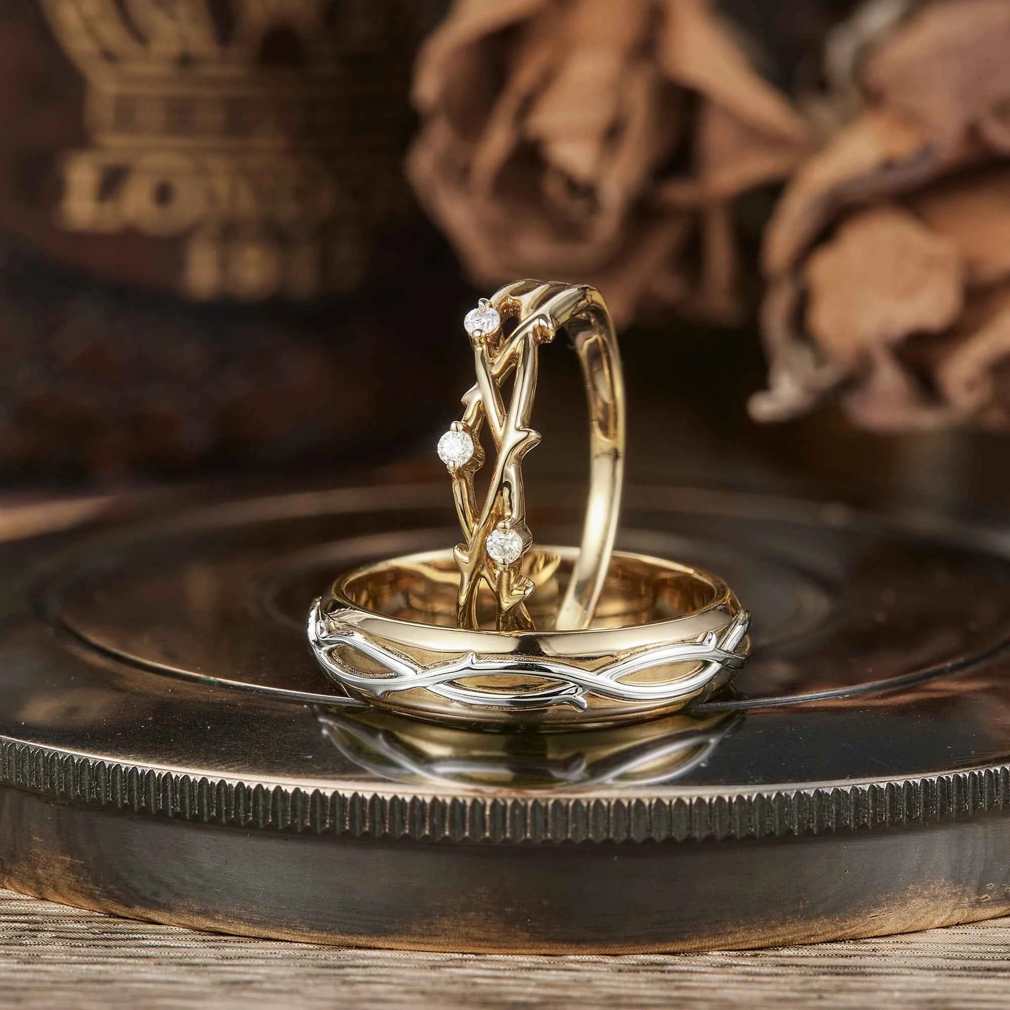 Unique Vine Design Moissanite Couple Ring Set - Now & Forever - GemsMagic