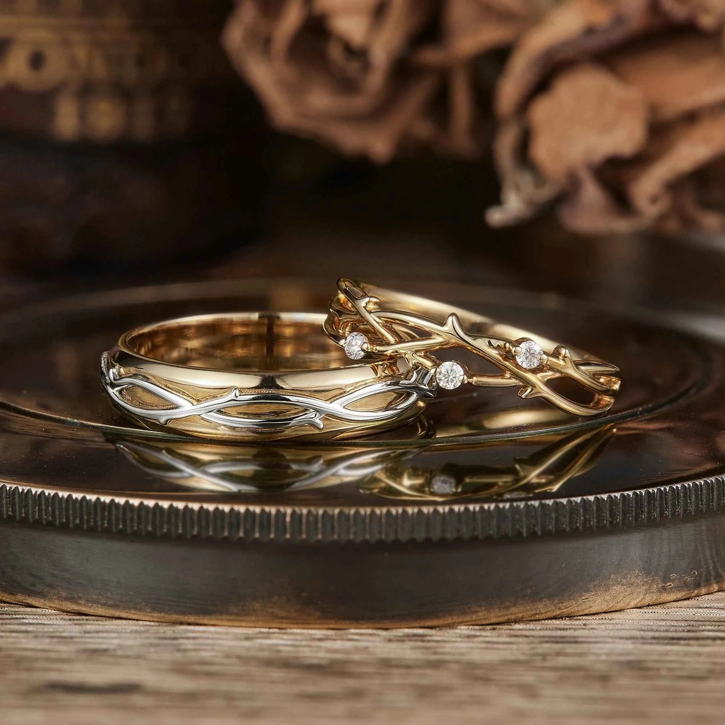 Unique Vine Design Moissanite Couple Ring Set - Now & Forever - GemsMagic