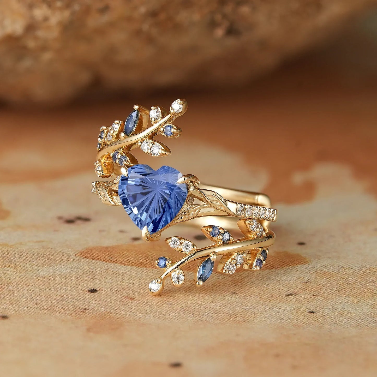 Heart Shaped Sparkle Cut Sapphire Engagement Ring Set
