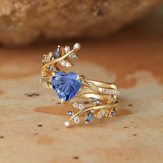 Heart Shaped Sparkle Cut Sapphire Engagement Ring Set
