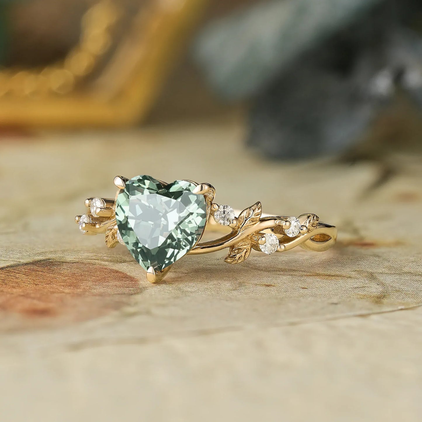 Heart Shaped Green Sapphire Leaf Engagement Ring