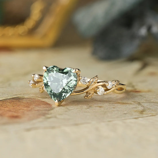 Heart Shaped Green Sapphire Leaf Engagement Ring