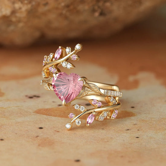 Heart Shaped Sparkle Cut Padparadscha Engagement Ring Set