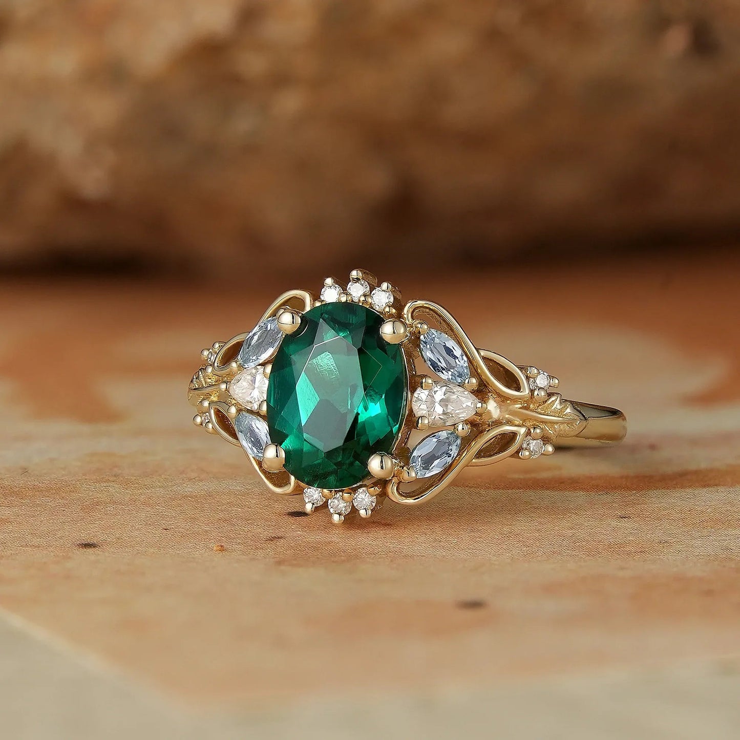 Verdant Majesty: Twisted Leaf Emerald and Ring - GemsMagic