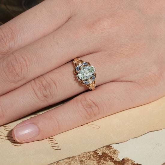 Verdant Majesty: Twisted Leaf Sparkle Cut Green Sapphire Ring - GemsMagic