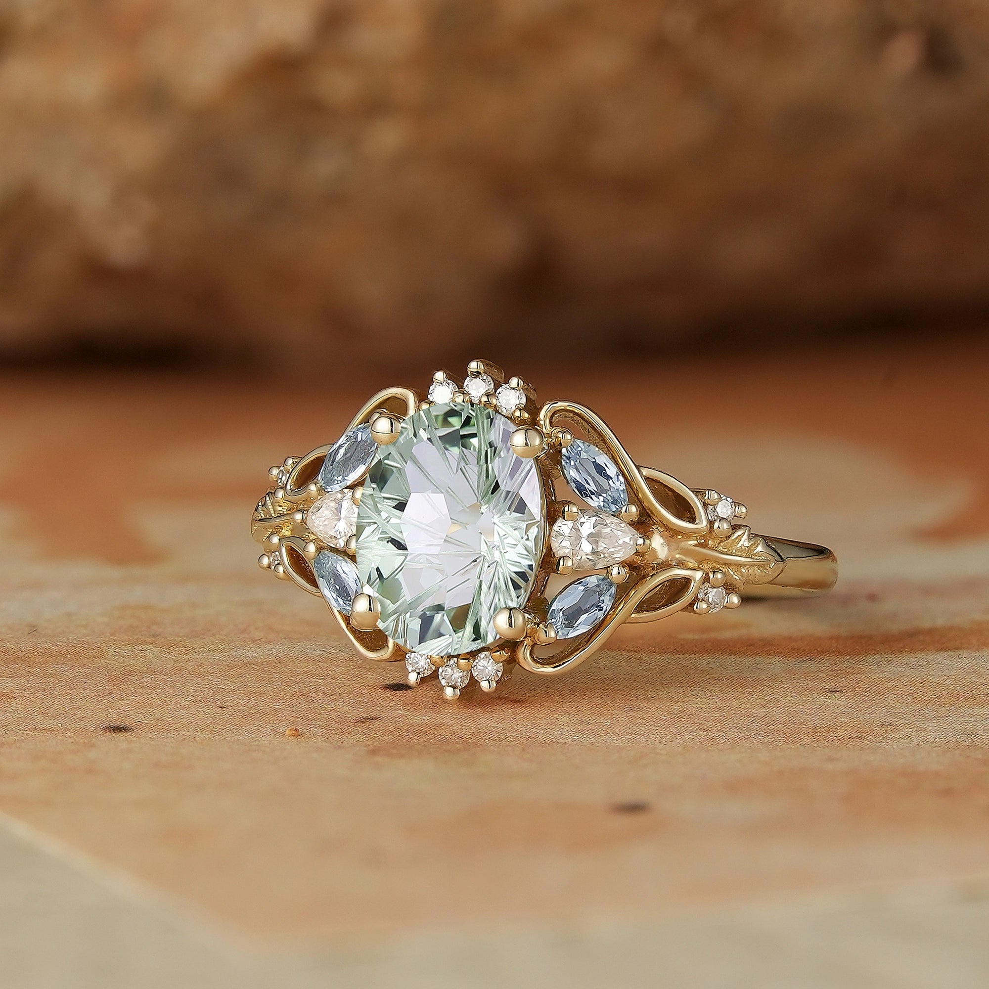 Verdant Majesty: Twisted Leaf Sparkle Cut Green Sapphire Ring - GemsMagic