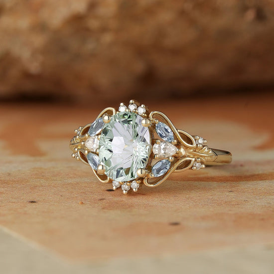 Verdant Majesty: Twisted Leaf Sparkle Cut Green Sapphire Ring - GemsMagic