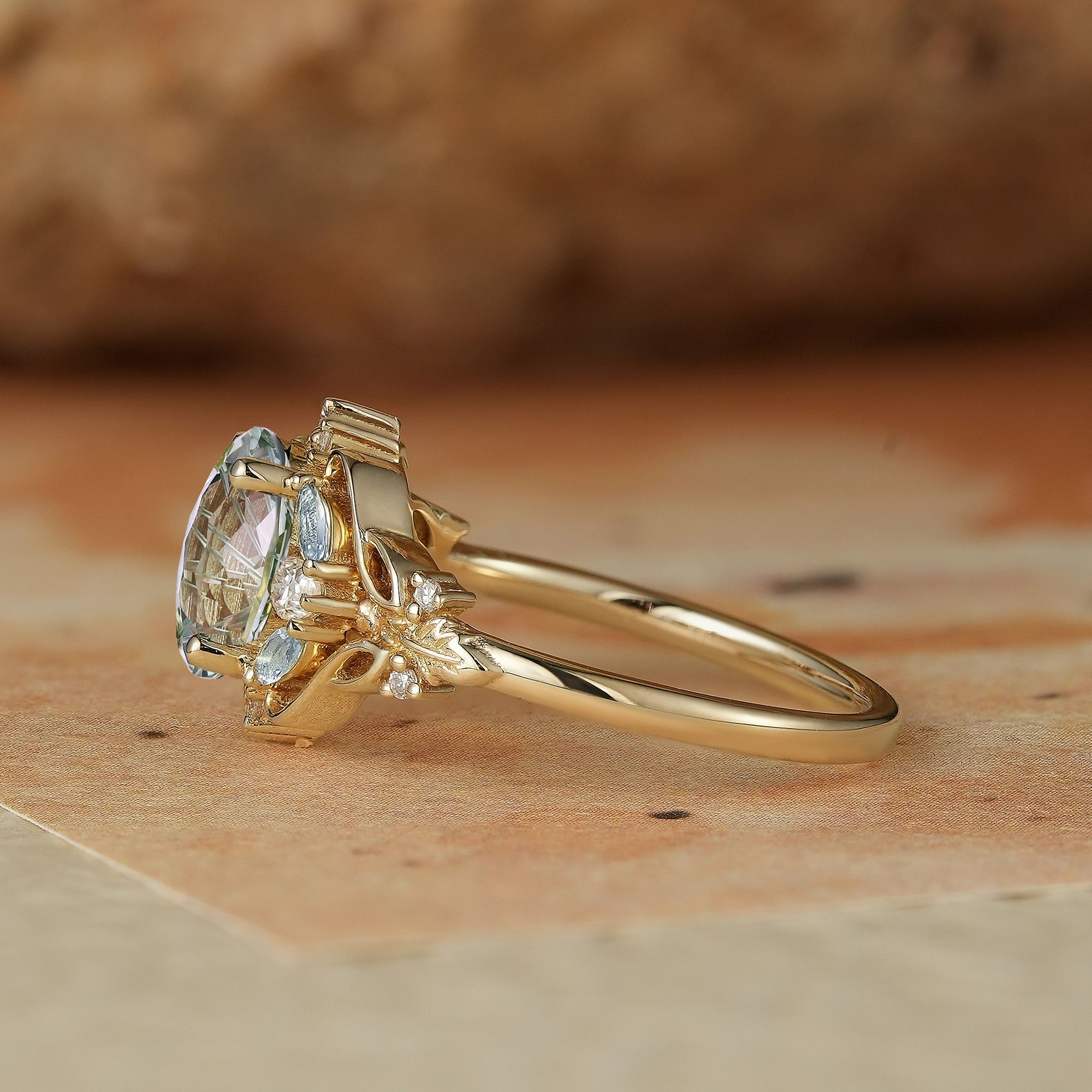 Verdant Majesty: Twisted Leaf Sparkle Cut Green Sapphire Ring - GemsMagic