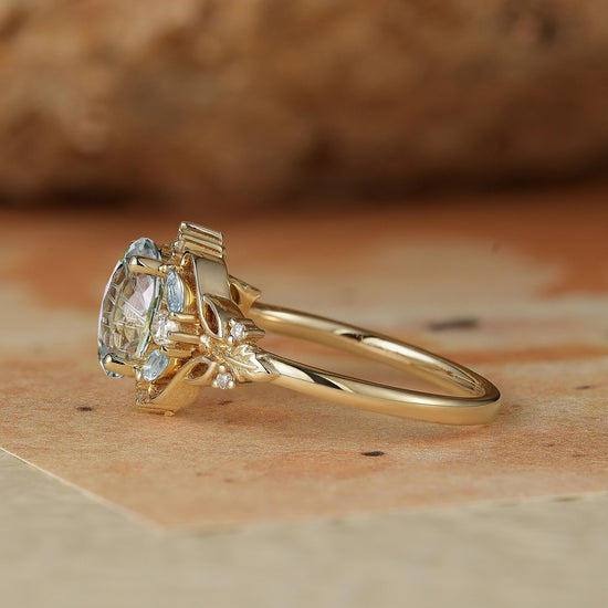 Verdant Majesty: Twisted Leaf Sparkle Cut Green Sapphire Ring - GemsMagic