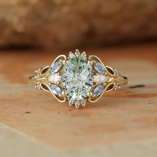 Verdant Majesty: Twisted Leaf Sparkle Cut Green Sapphire Ring - GemsMagic