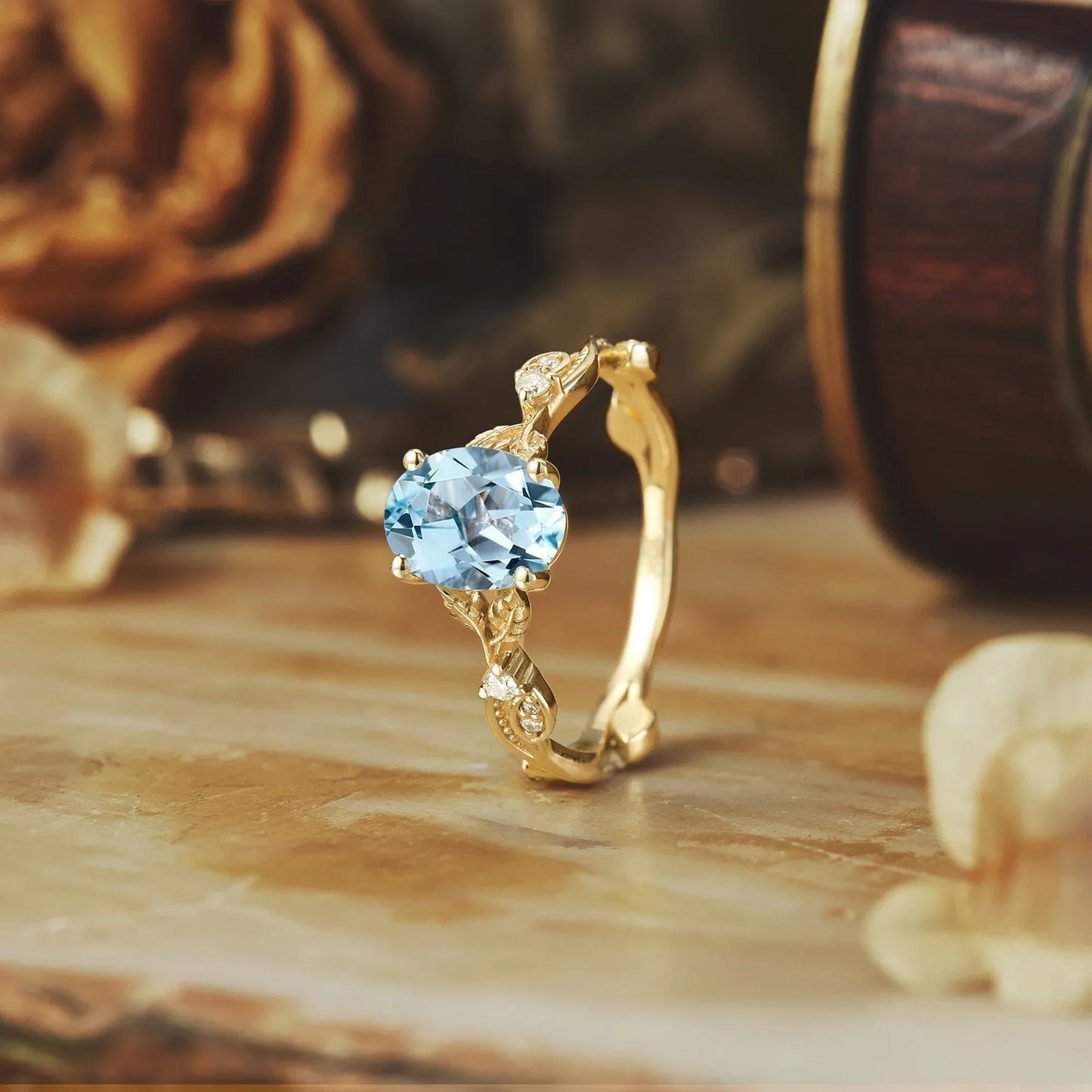 Vintage Aquamarine and Moissanite Engagement Ring - Sera - GemsMagic