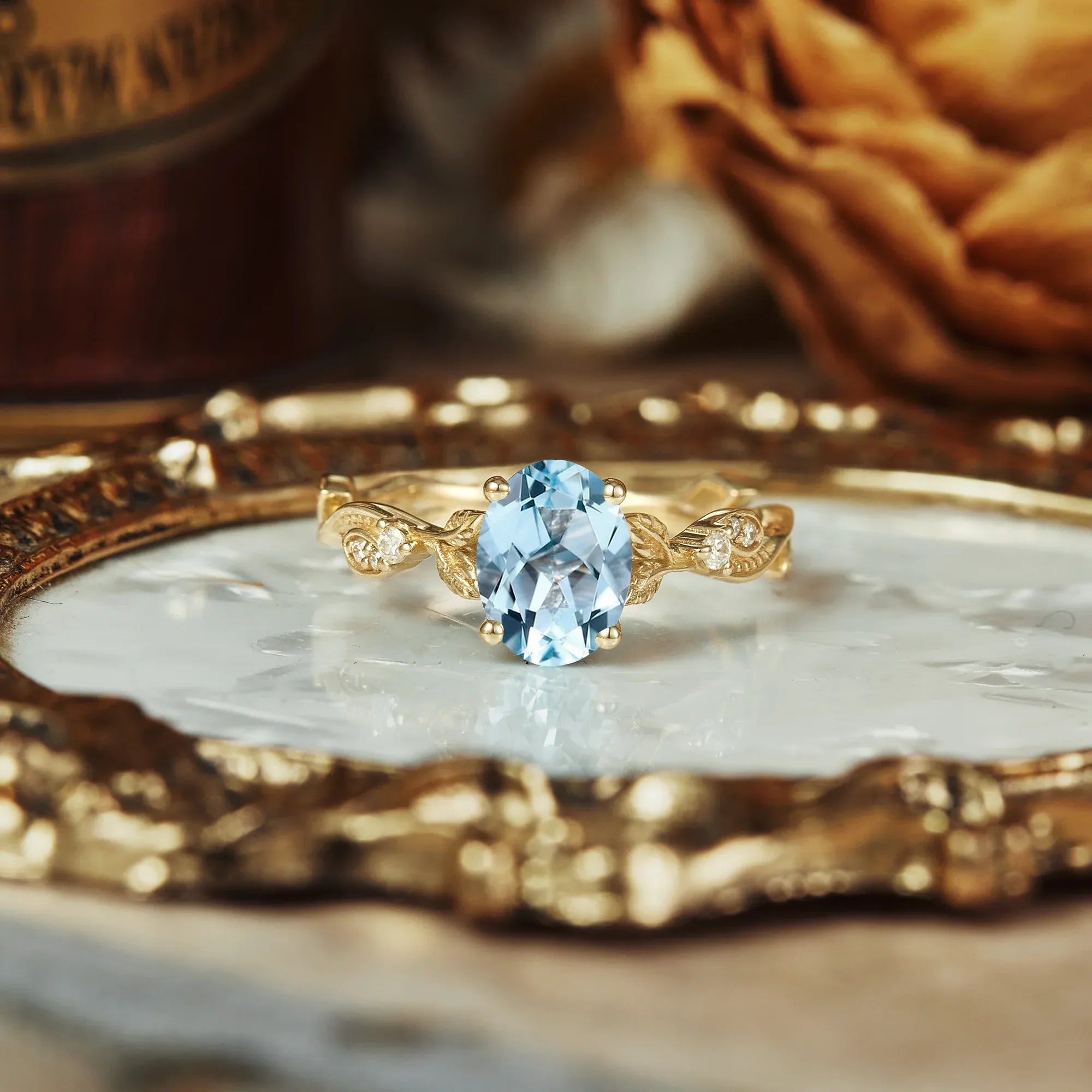 Vintage Aquamarine and Moissanite Engagement Ring - Sera - GemsMagic