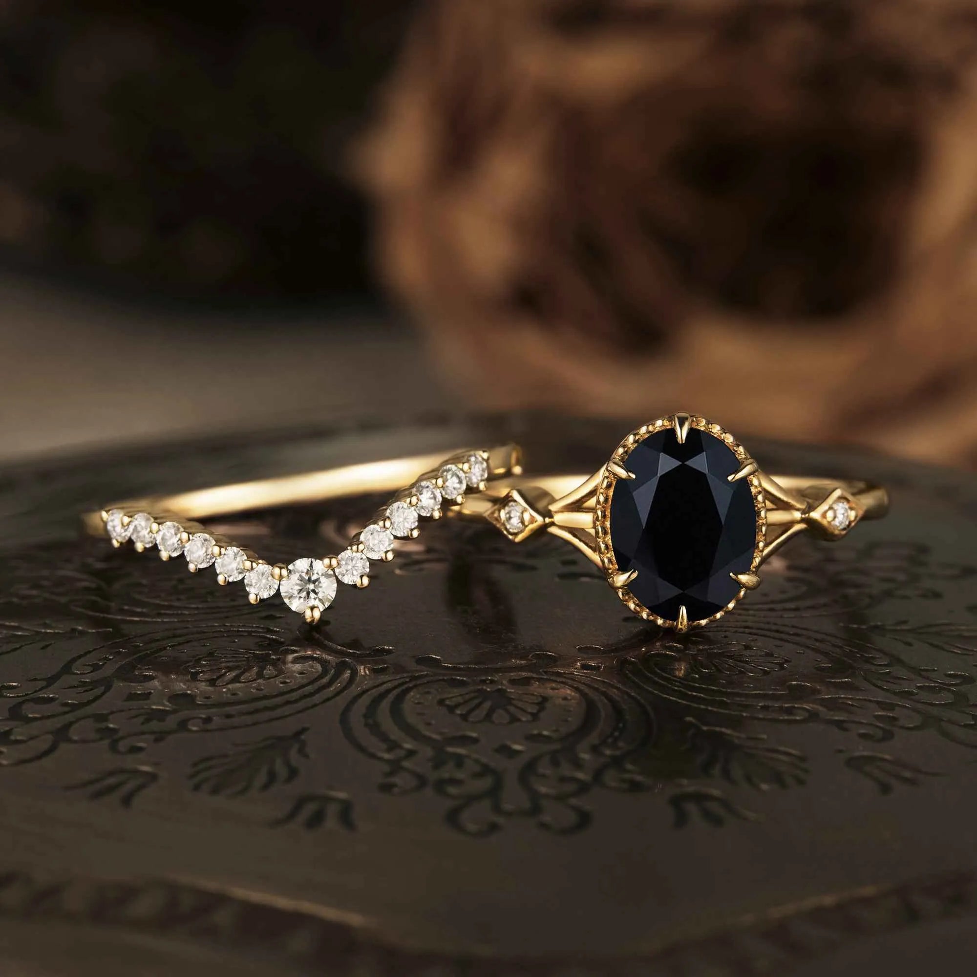 Vintage Black Onyx Ring Set 2pcs - GemsMagic - GemsMagic