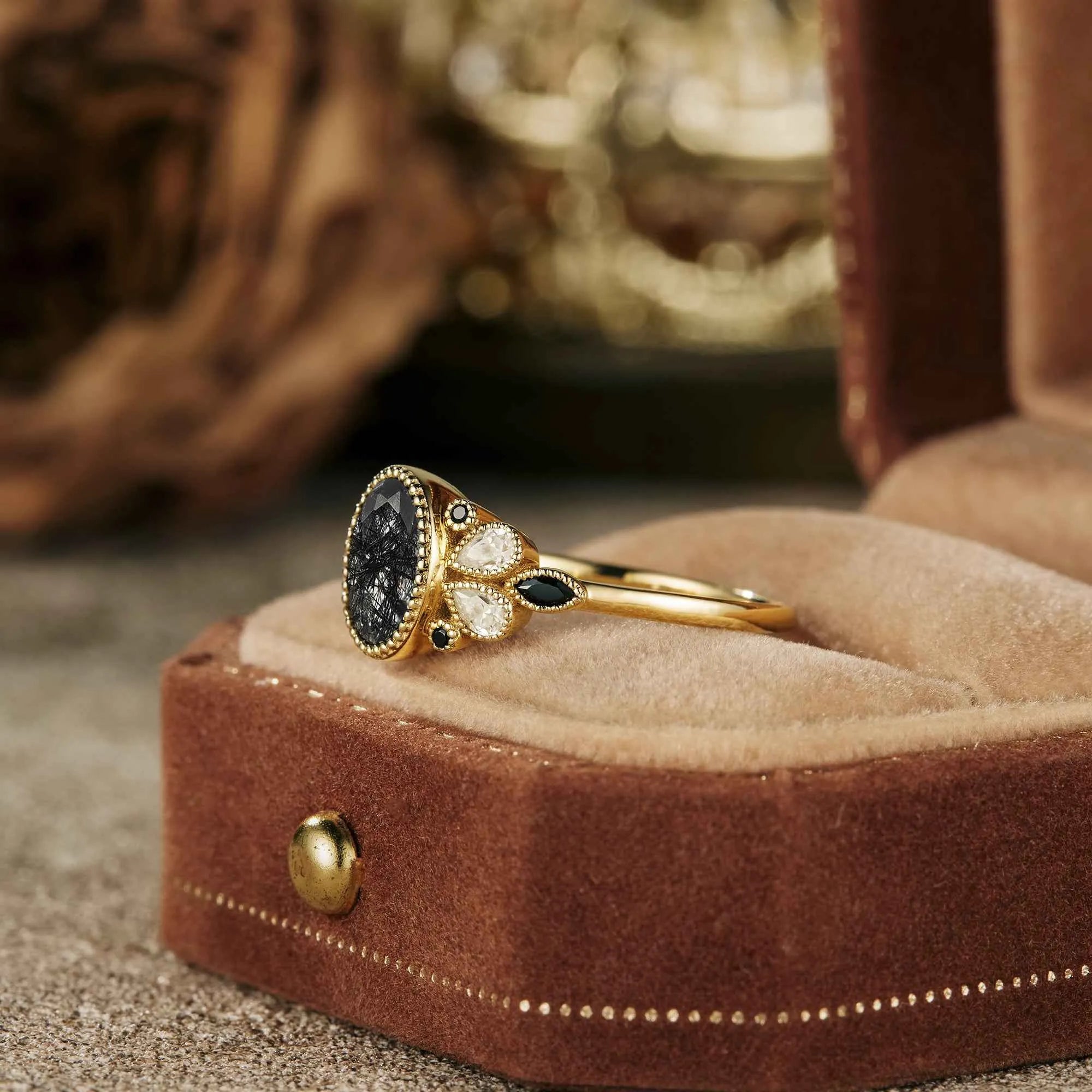 Vintage Black Rutilated Quartz Engagement Ring - GemsMagic - GemsMagic