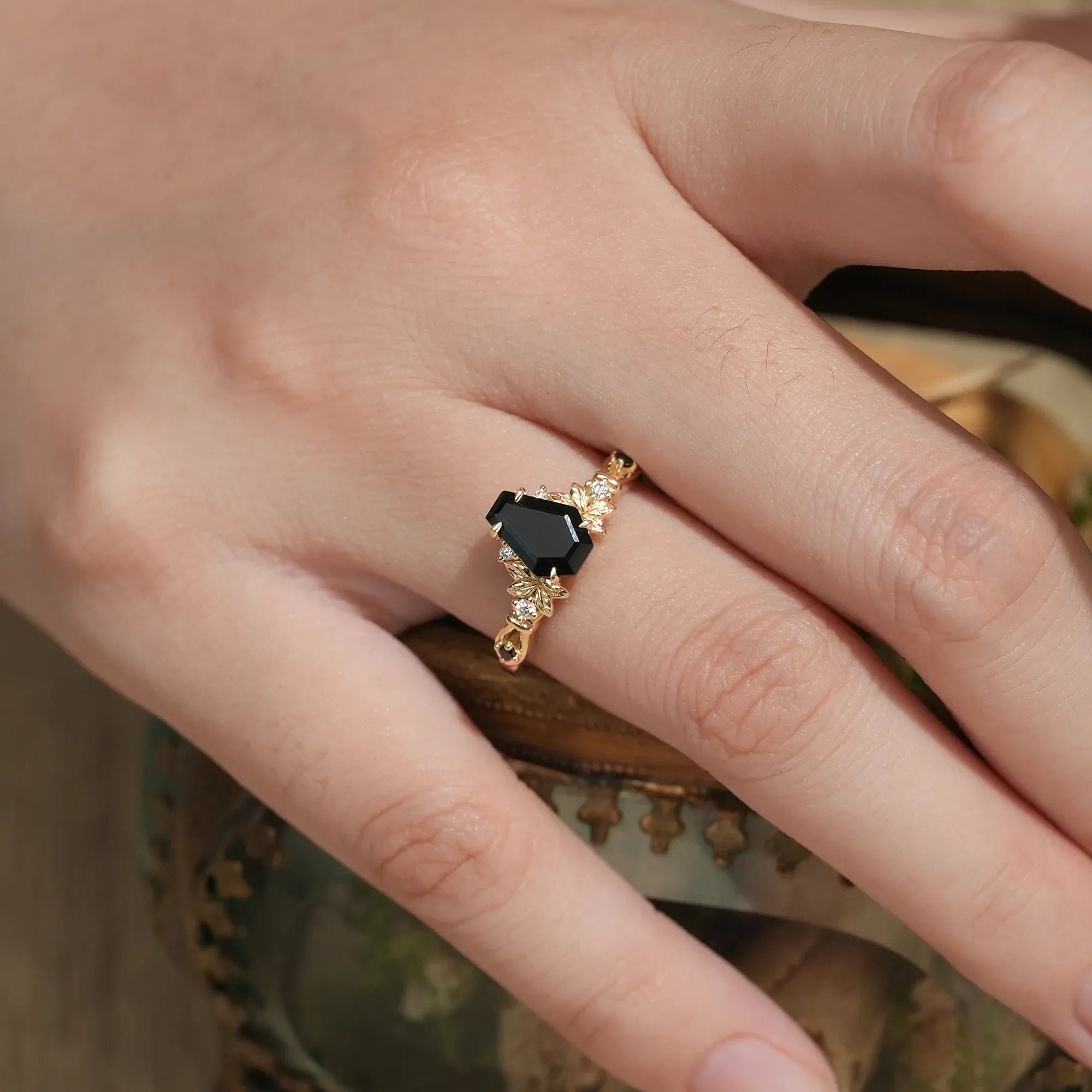 Vintage Coffin - cut Black Onyx Ring - Cerys - GemsMagic - GemsMagic