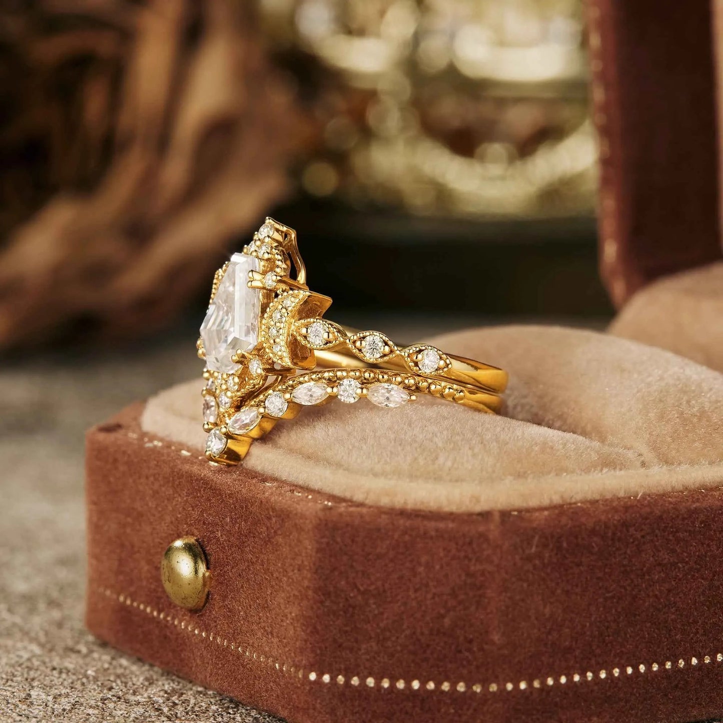 Vintage Coffin Moissanite Twist Engagement Ring Set 2pcs - GemsMagic - GemsMagic