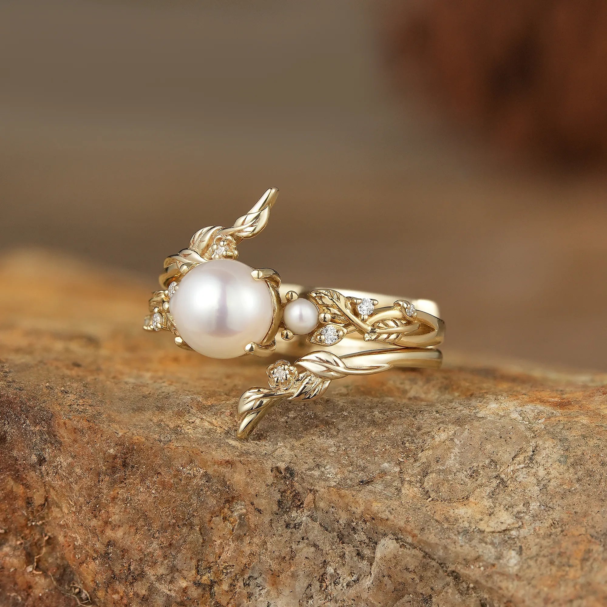 Vintage Leaf - Inspired Gold Ring with Pearl - Indra - GemsMagic