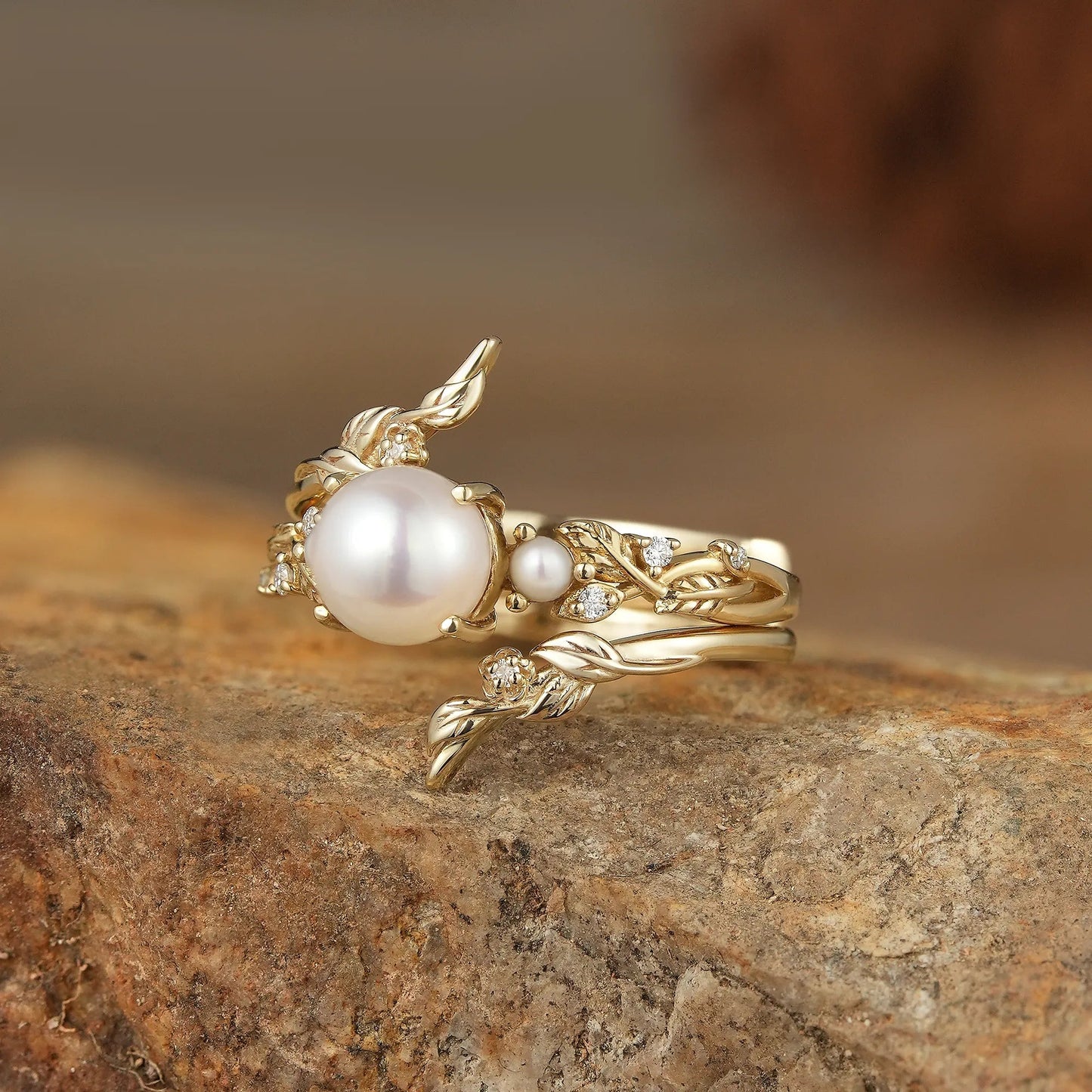 Vintage Leaf - Inspired Gold Ring with Pearl - Indra - GemsMagic