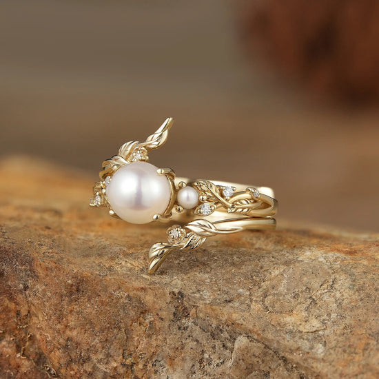 Vintage Leaf - Inspired Gold Ring with Pearl - Indra - GemsMagic