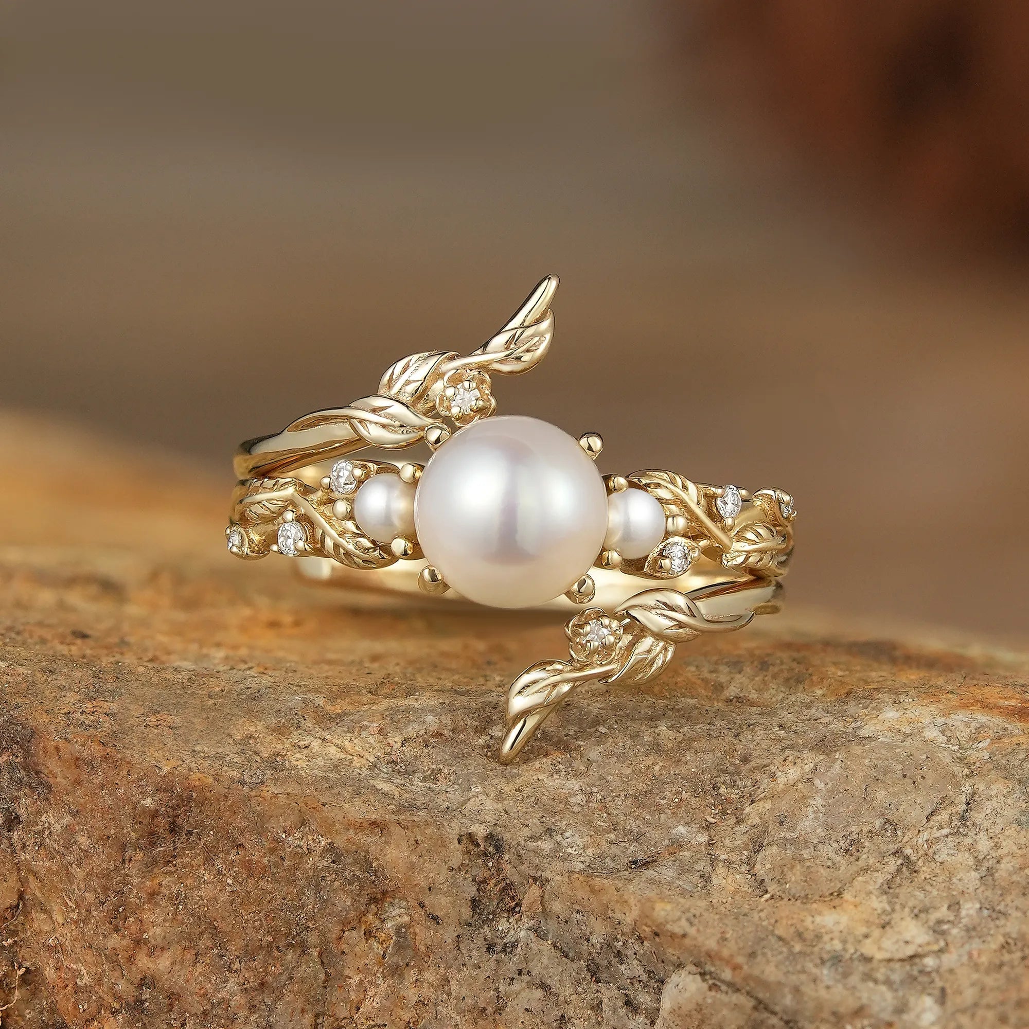 Vintage Leaf - Inspired Gold Ring with Pearl - Indra - GemsMagic