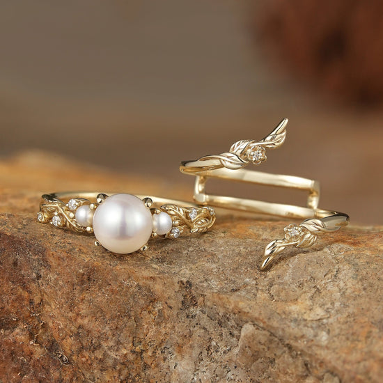 Vintage Leaf - Inspired Gold Ring with Pearl - Indra - GemsMagic