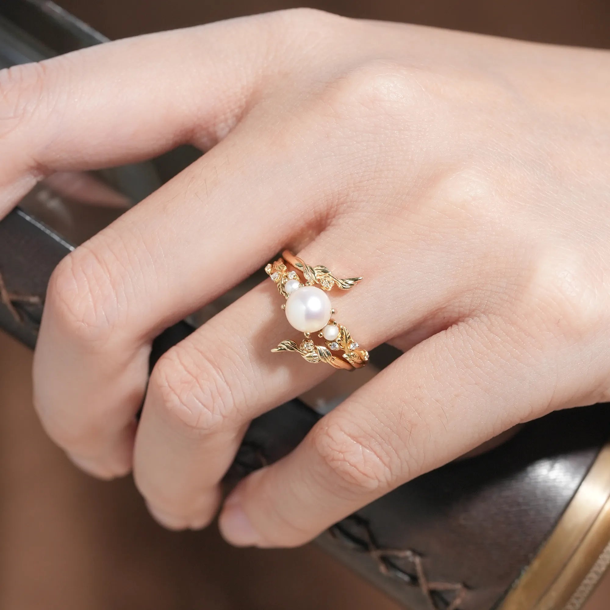 Vintage Leaf - Inspired Gold Ring with Pearl - Indra - GemsMagic