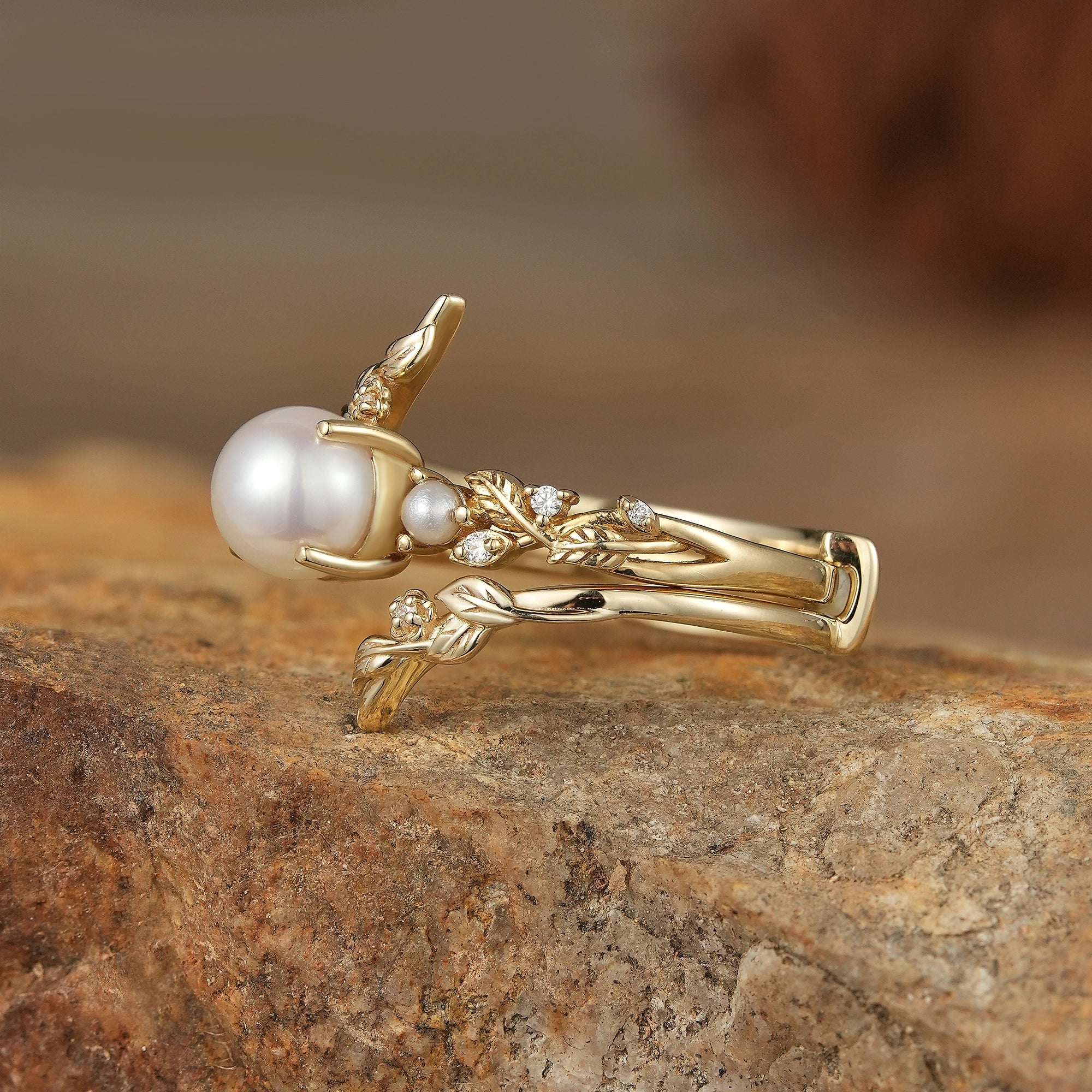 Vintage Leaf - Inspired Gold Ring with Pearl - Indra - GemsMagic