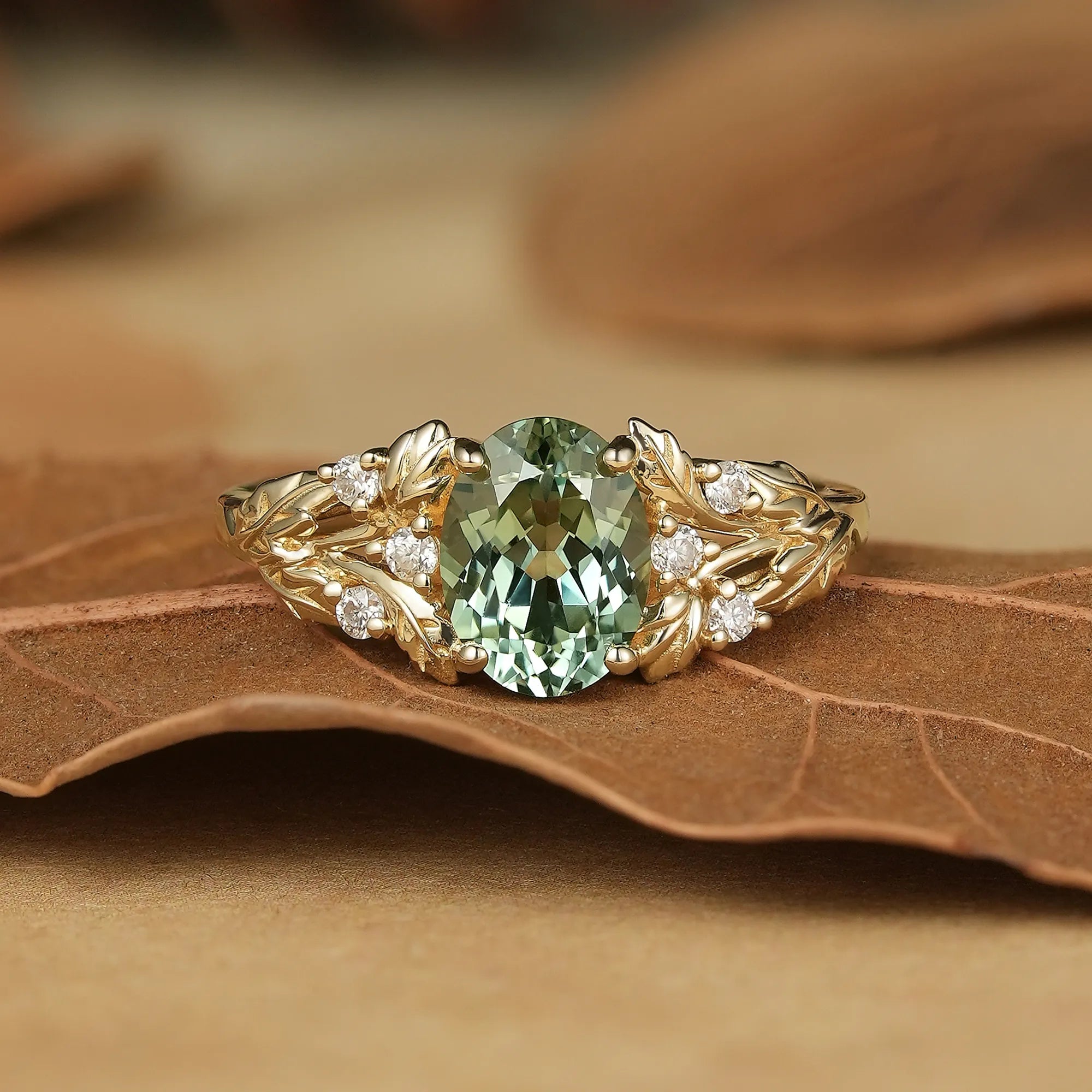 Vintage Leaf - Oval Cut Green Sapphire and Moissanite Accents - Zinnia - GemsMagic