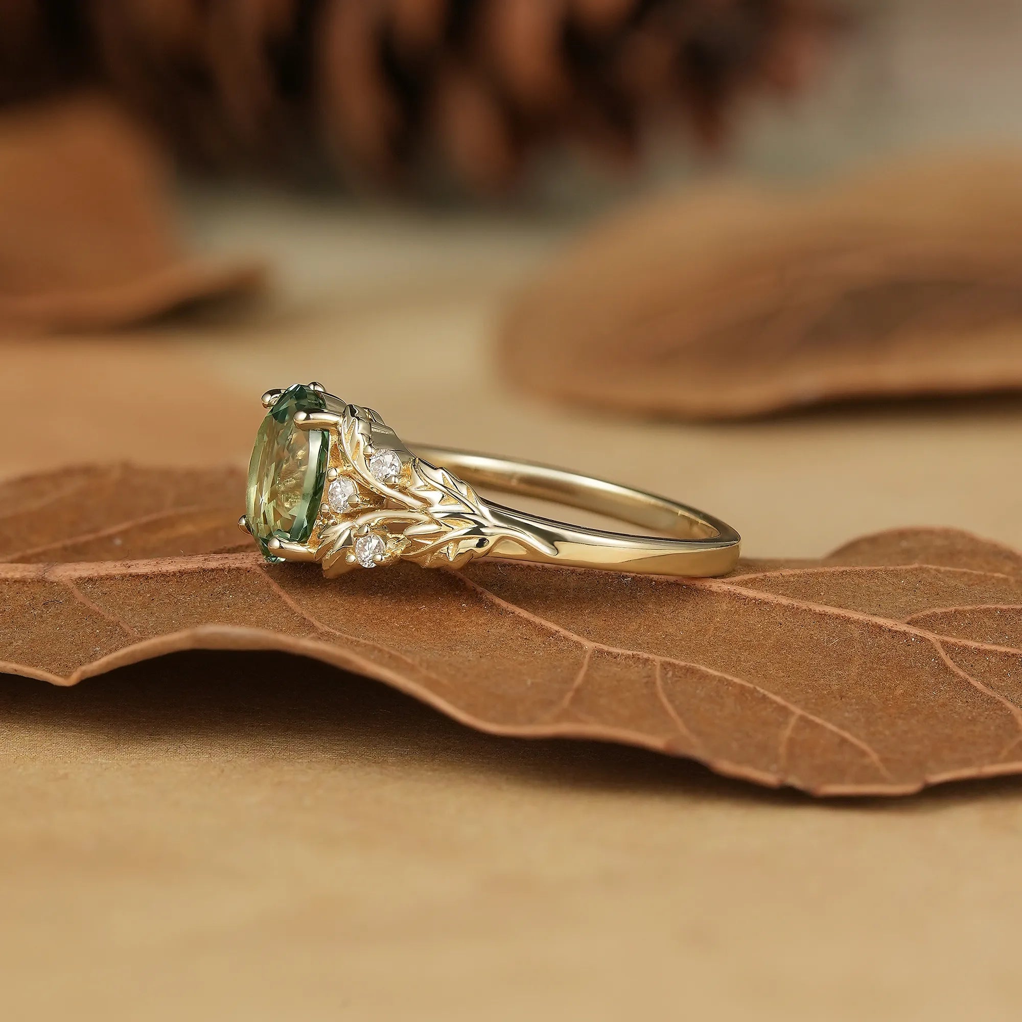 Vintage Leaf - Oval Cut Green Sapphire and Moissanite Accents - Zinnia - GemsMagic