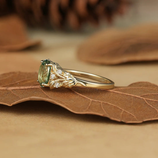 Vintage Leaf - Oval Cut Green Sapphire and Moissanite Accents - Zinnia - GemsMagic