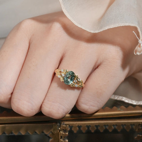 Vintage Leaf - Oval Cut Green Sapphire and Moissanite Accents - Zinnia - GemsMagic