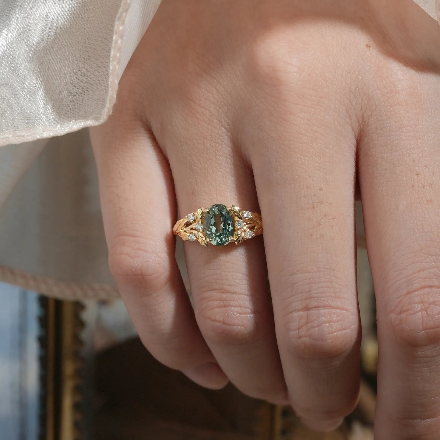 Vintage Leaf - Oval Cut Green Sapphire and Moissanite Accents - Zinnia - GemsMagic