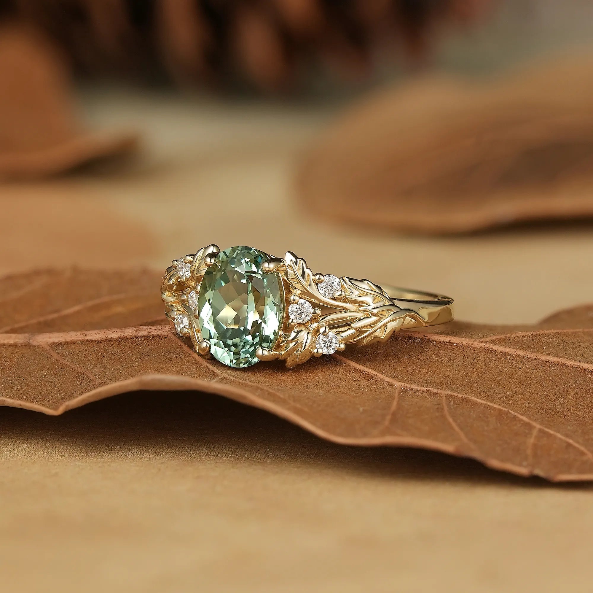 Vintage Leaf - Oval Cut Green Sapphire and Moissanite Accents - Zinnia - GemsMagic
