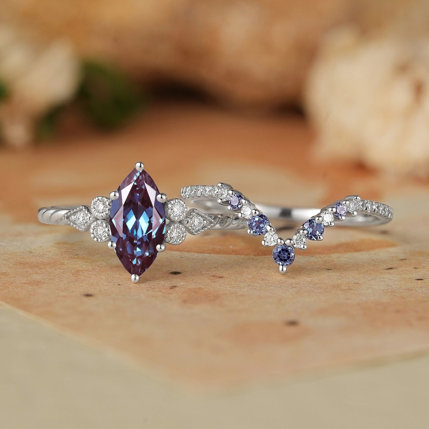 Vintage Marquise Cut Alexandrite Milgrain Bridal Ring Set - GemsMagic