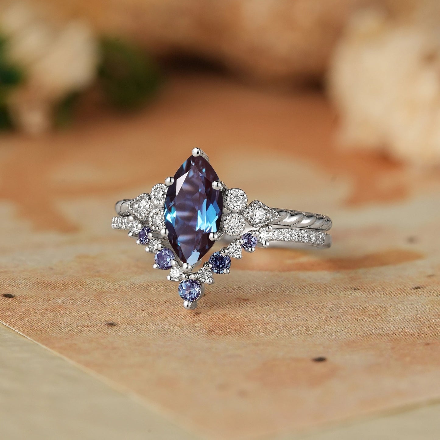 Vintage Marquise Cut Alexandrite Milgrain Bridal Ring Set - GemsMagic