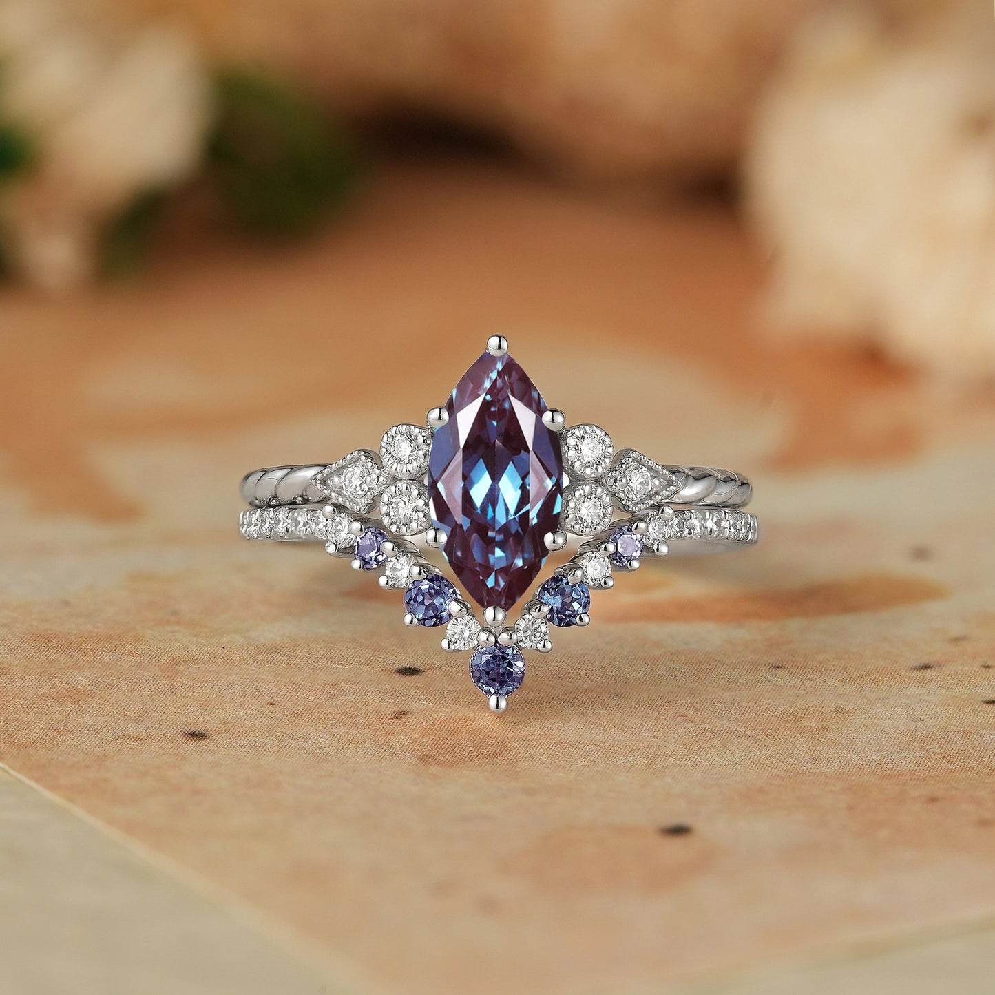 Vintage Marquise Cut Alexandrite Milgrain Bridal Ring Set - GemsMagic