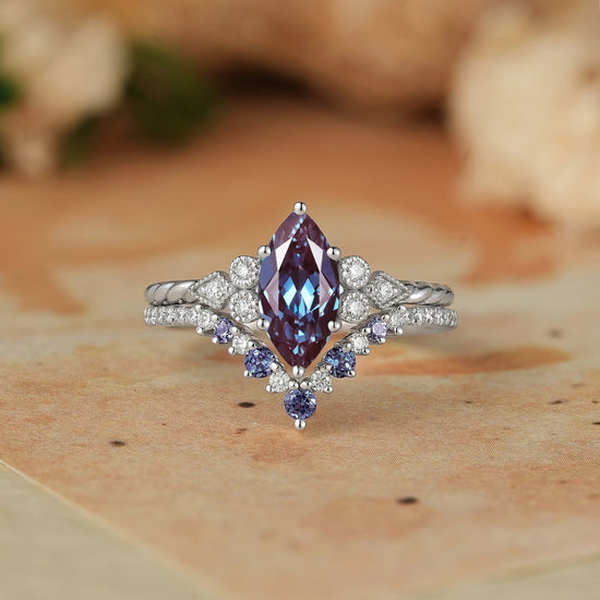 Vintage Marquise Cut Alexandrite Milgrain Bridal Ring Set - GemsMagic