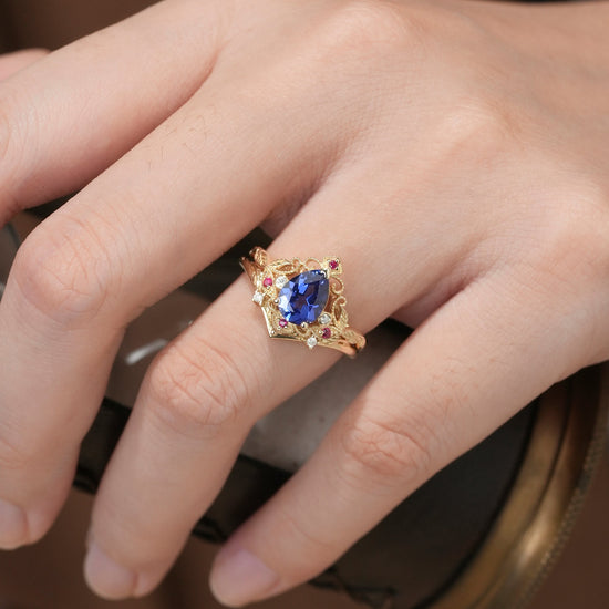 Vintage Milgrain Cornflower Sapphire Ring Set 2pcs - Sorrel - GemsMagic
