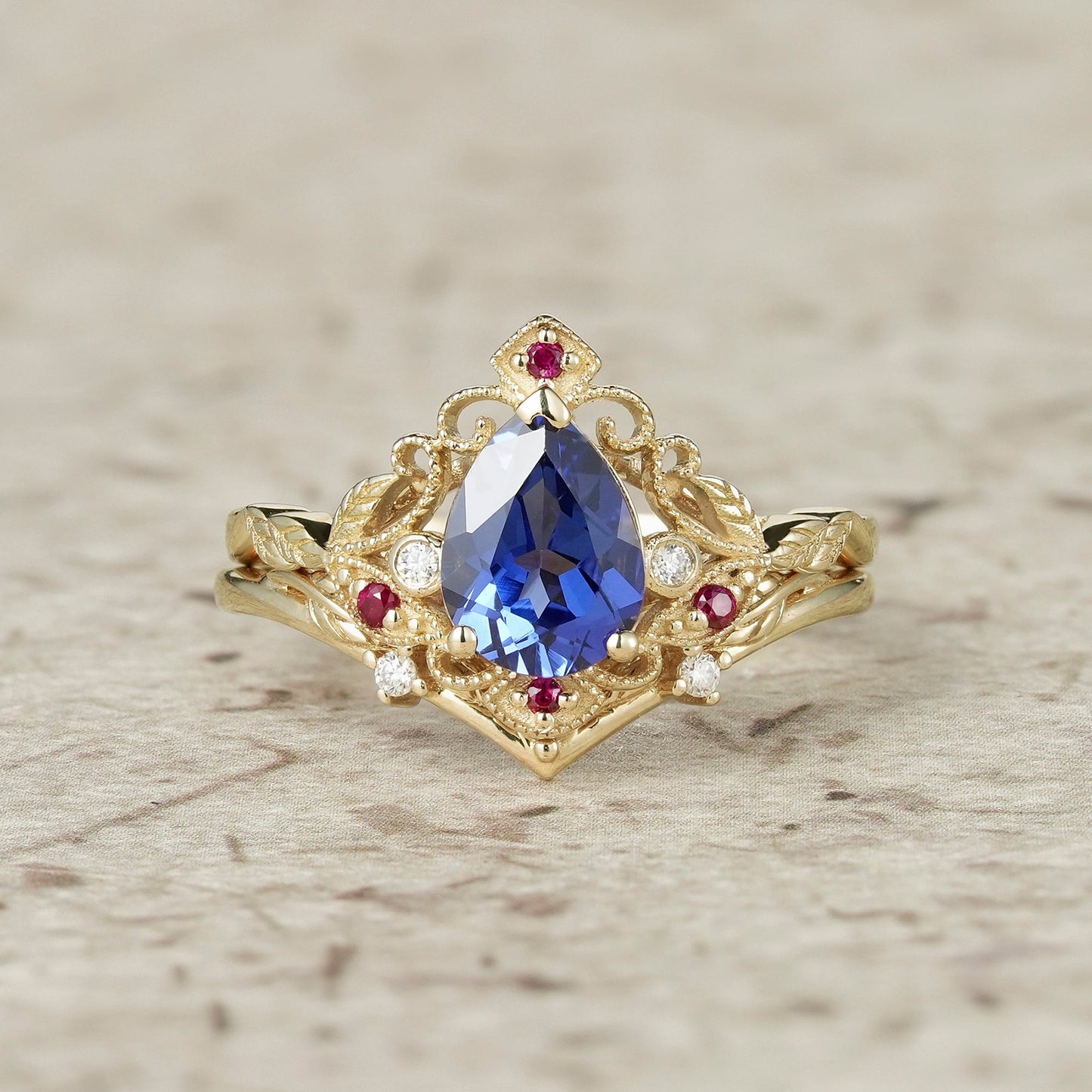 Vintage Milgrain Cornflower Sapphire Ring Set 2pcs - Sorrel - GemsMagic