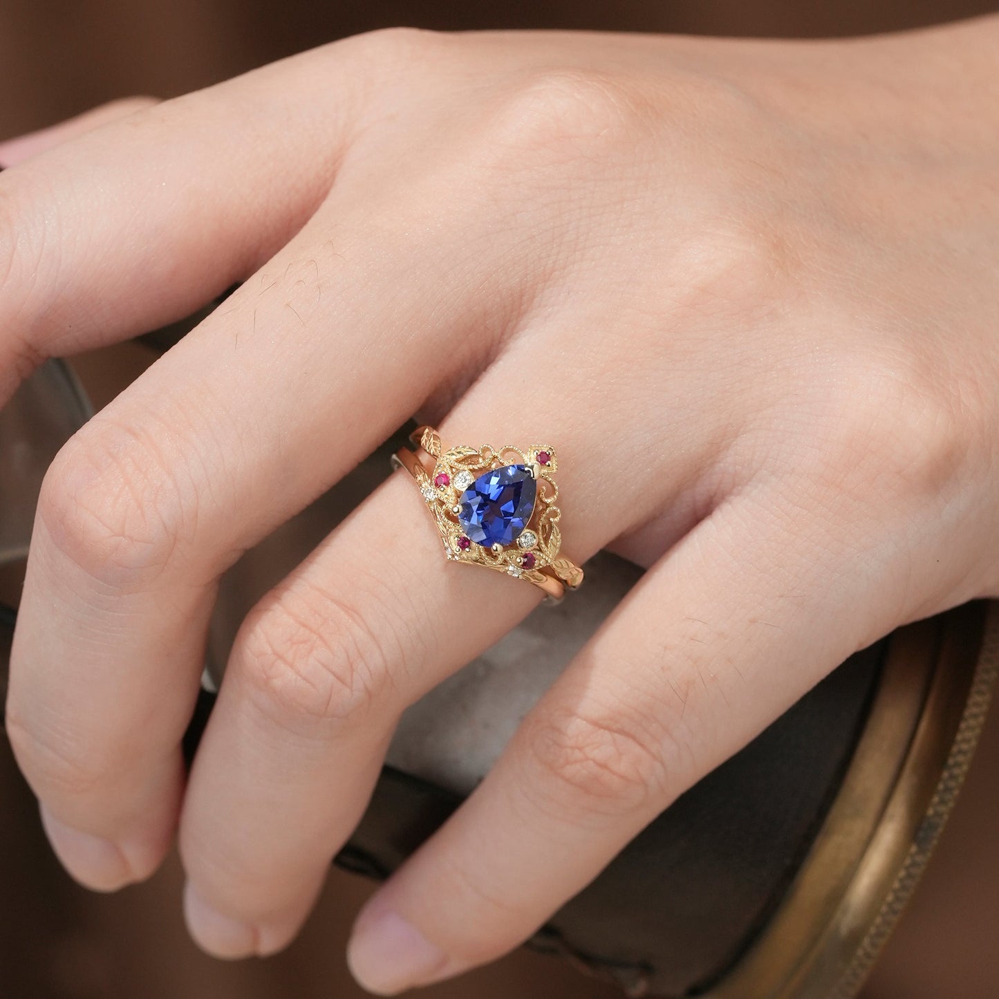 Vintage Milgrain Design Cornflower Sapphire & Ruby Leaf Ring Set - Eulalia - GemsMagic