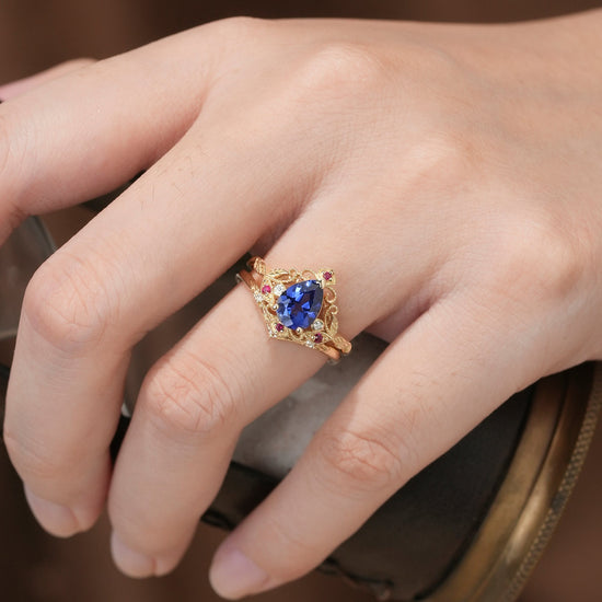 Vintage Milgrain Design Cornflower Sapphire & Ruby Leaf Ring Set - Eulalia - GemsMagic