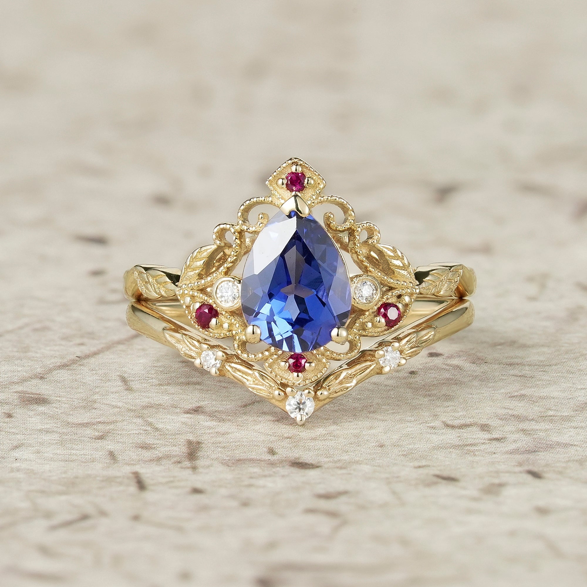 Vintage Milgrain Design Cornflower Sapphire & Ruby Leaf Ring Set - Eulalia - GemsMagic