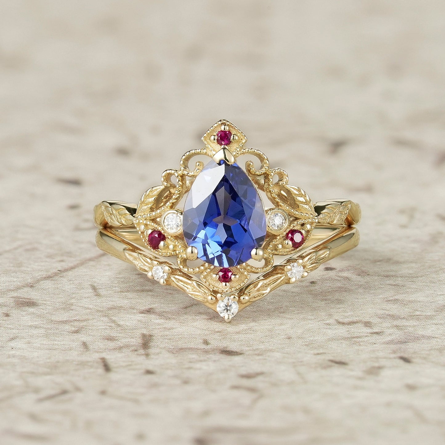 Vintage Milgrain Design Cornflower Sapphire & Ruby Leaf Ring Set - Eulalia - GemsMagic