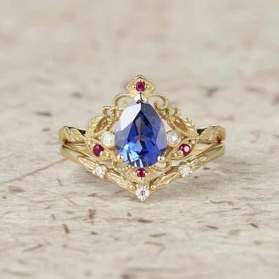 Vintage Milgrain Design Cornflower Sapphire & Ruby Leaf Ring Set - Eulalia - GemsMagic