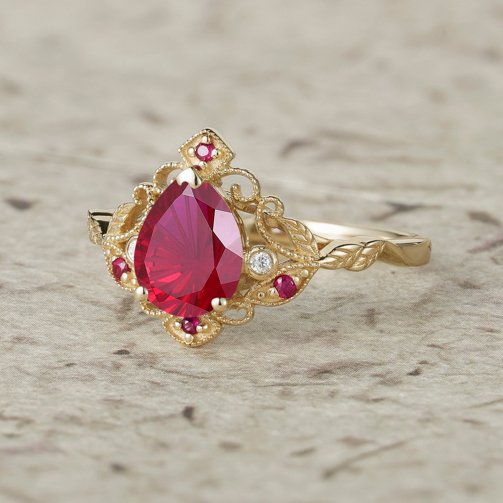 Vintage Milgrain Design Sparkle Cut Ruby Leaf Ring Set - Eulalia - GemsMagic