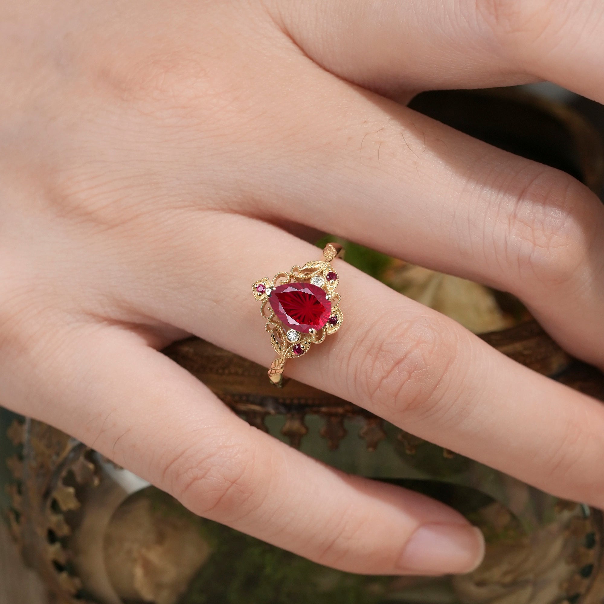 Vintage Milgrain Design Sparkle Cut Ruby Leaf Ring Set - Eulalia - GemsMagic