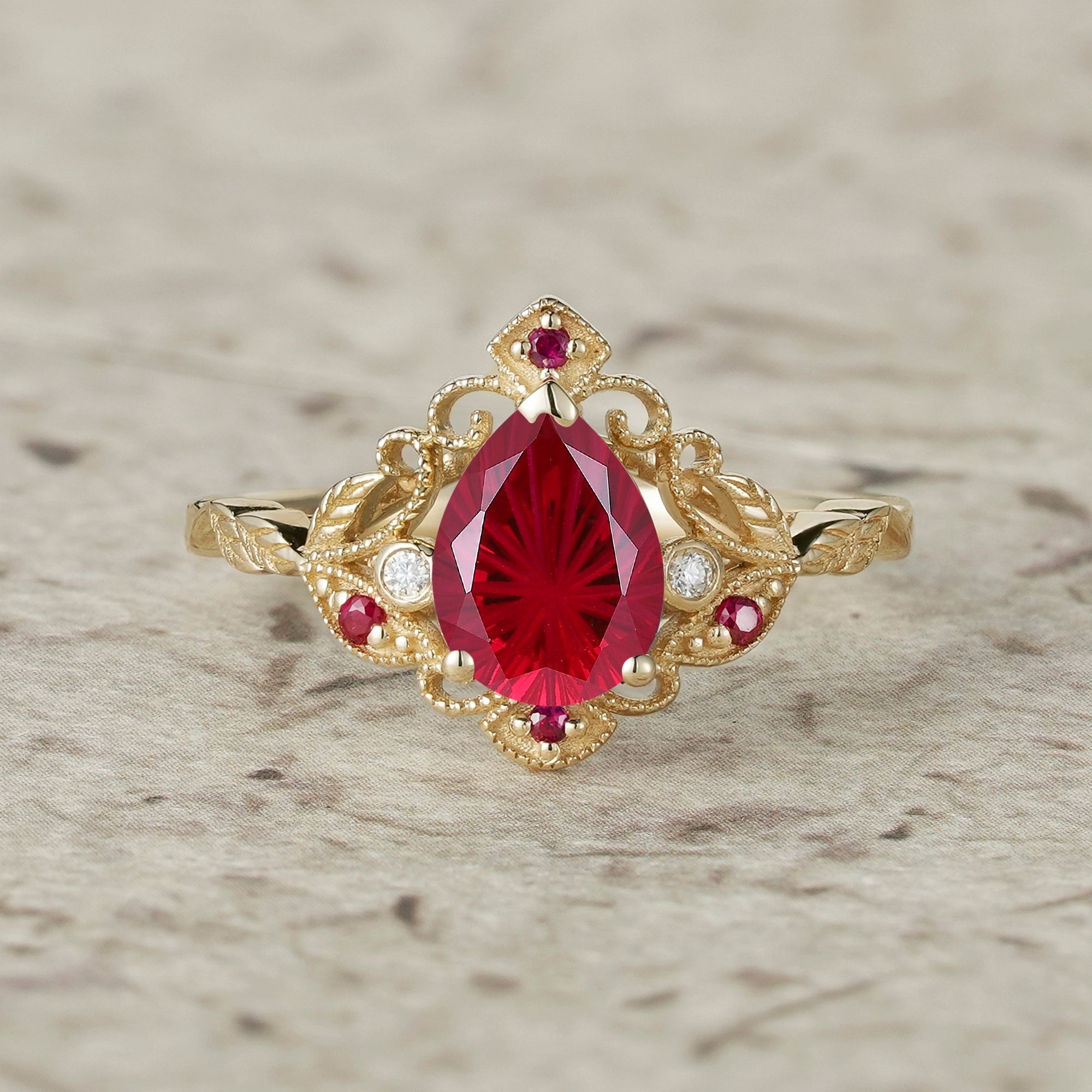 Vintage Milgrain Design Sparkle Cut Ruby Leaf Ring Set - Eulalia - GemsMagic