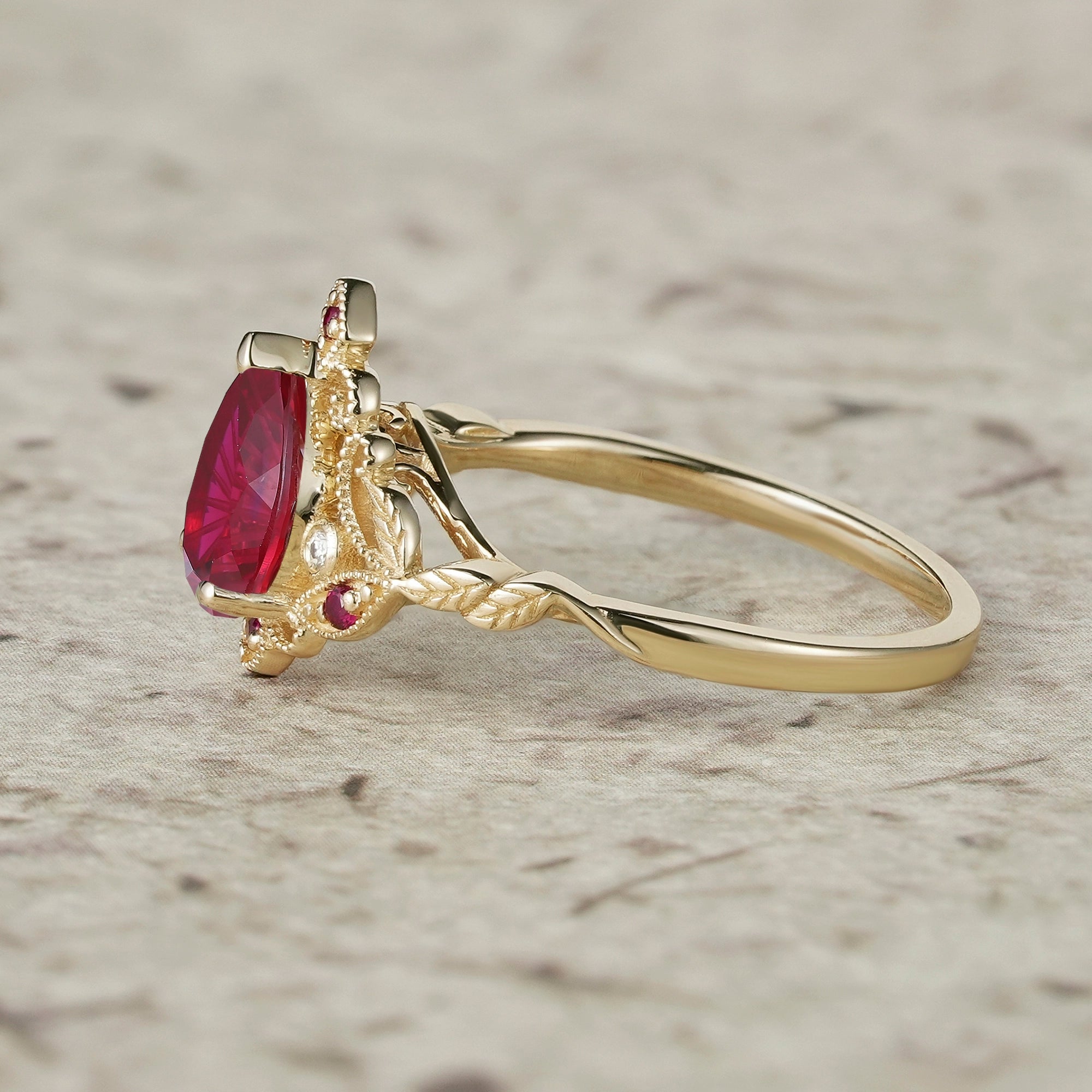 Vintage Milgrain Design Sparkle Cut Ruby Leaf Ring Set - Eulalia - GemsMagic
