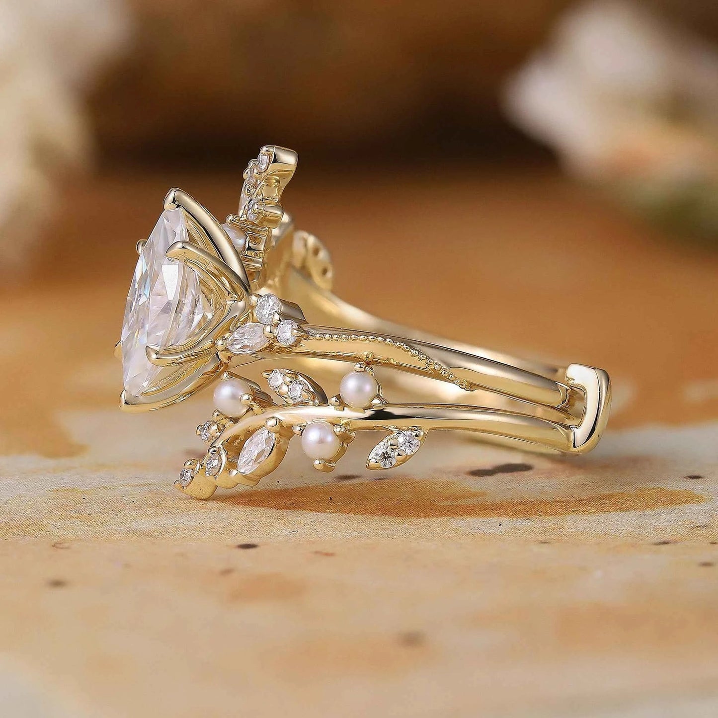 Vintage Milgrain Marquise Moissanite Enhancer Ring Set - Lorelei - GemsMagic