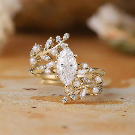 Vintage Milgrain Marquise Moissanite Enhancer Ring Set - Lorelei - GemsMagic